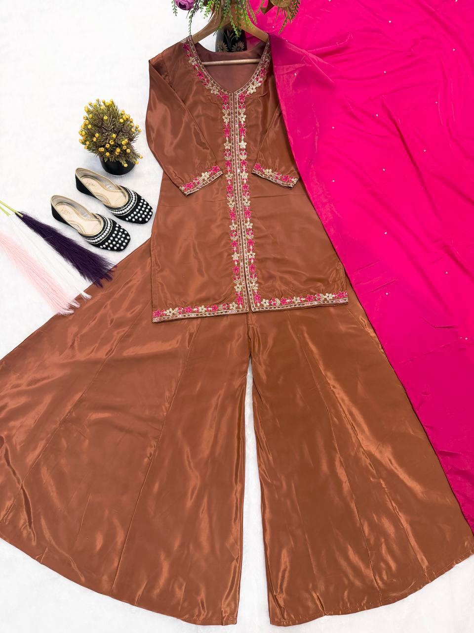 Luxe Brown Zari-Embroidered Flared Set